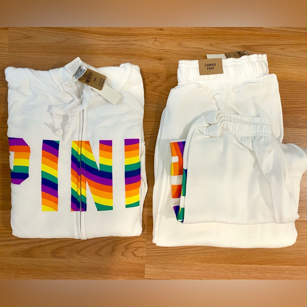 🌈NWT VS PINK RAINBOW WHITE MATCHING SET ZIP UP HOODIE / JOGGERS SIZE MEDIUM! HTF - Picture 15 of 16